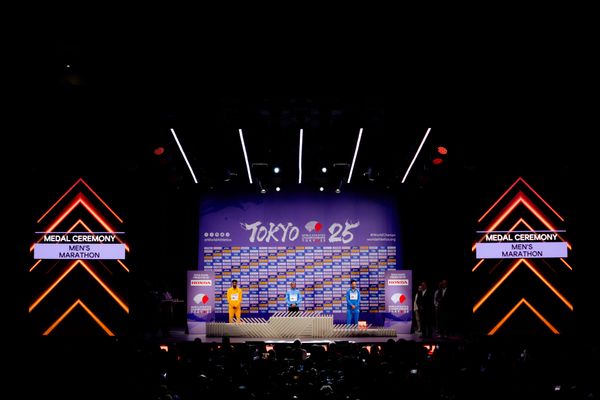 Medal ceremony of Men’s Marathon during the World Athletics Championships with Amanal Petros (GER),
 Alphonce Felix Simbu (TAN) & Iliass Aouani (ITA) 15.09.2025 in Tokyo.