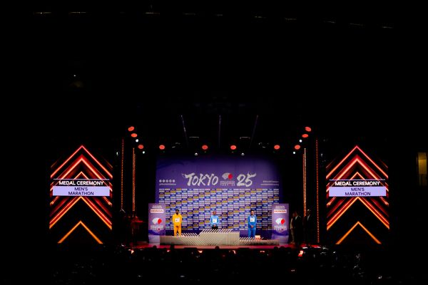 Medal ceremony of Men’s Marathon during the World Athletics Championships with Amanal Petros (GER),
 Alphonce Felix Simbu (TAN) & Iliass Aouani (ITA) 15.09.2025 in Tokyo.