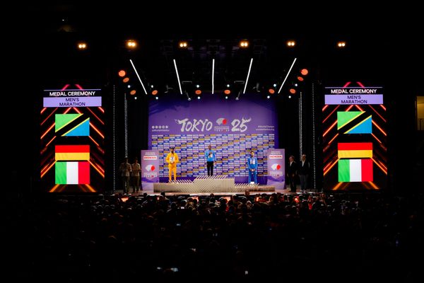 Medal ceremony of Men’s Marathon during the World Athletics Championships with Amanal Petros (GER),
 Alphonce Felix Simbu (TAN) & Iliass Aouani (ITA) 15.09.2025 in Tokyo.