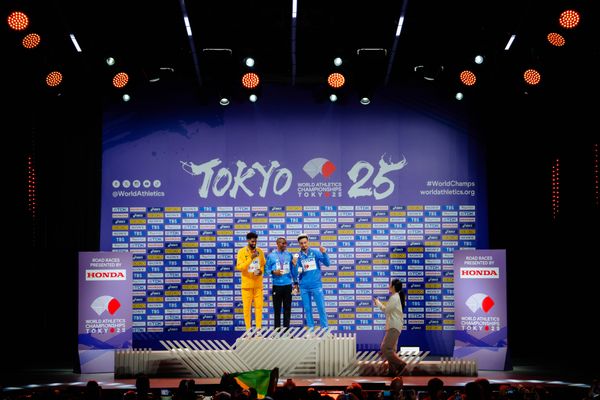 Medal ceremony of Men’s Marathon during the World Athletics Championships with Amanal Petros (GER),
 Alphonce Felix Simbu (TAN) & Iliass Aouani (ITA) 15.09.2025 in Tokyo.