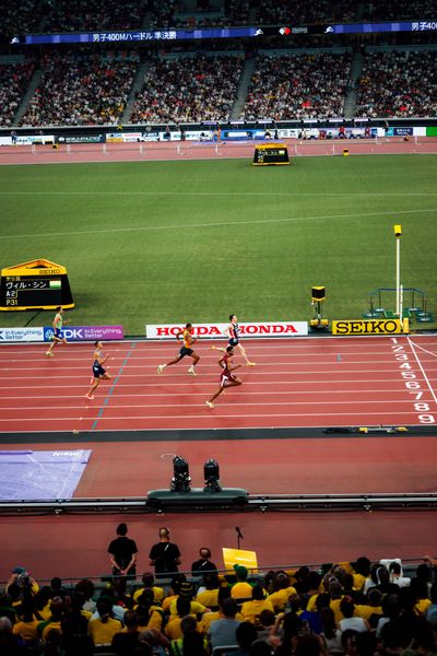 Matic Ian Guček (SLO), Kemorena Tisang (BOT), Karsten Warholm (NOR), Emil Agyekum (GER), Chris Robinson (USA), Tyri Donovan (GBR), Abderrahman Samba (QAT) during the World Athletics Championships on 17.09.2025 in Tokyo.