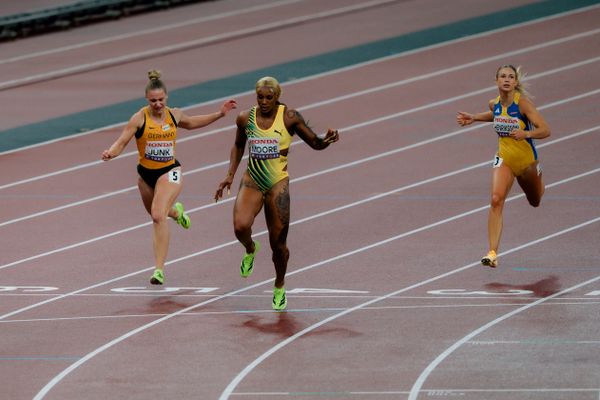 Sophia Junk (GER), Jasmine Moore (USA), Julia Henriksson (SWE) during the World Athletics Championships on 18.09.2025 in Tokyo.