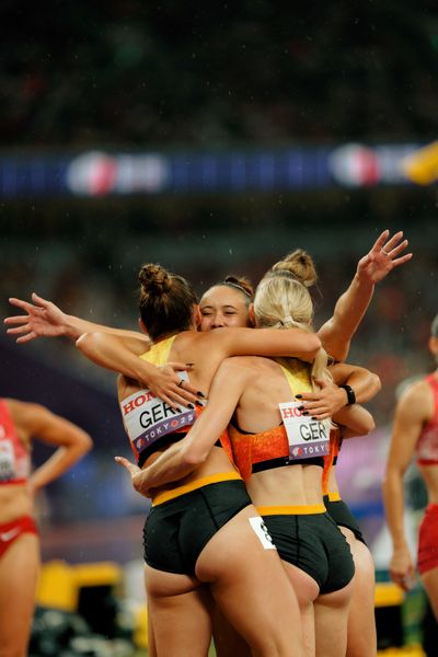 Gina Lückenkemper (GER), Sina Mayer (GER), Rebekka Haase (GER) during the World Athletics Championships on 21.09.2025 in Tokyo.