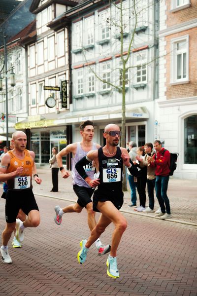 Florian Bremm (Franconia Athletics), Johannes Motschmann (SCC Berlin), Hendrik Pfeiffer (Düsseldorf Athletics) am 08.03.2026 bei den Deutschen Meisterschaften 10 km Straße in Uelzen
