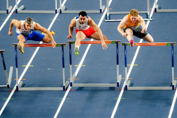 Vilém Stráský (Czechia), Téo Bastien (France), Manuel Eitel (Germany) on 21.03.2026 at the World Athletics Indoor Championships 2026 in Torun