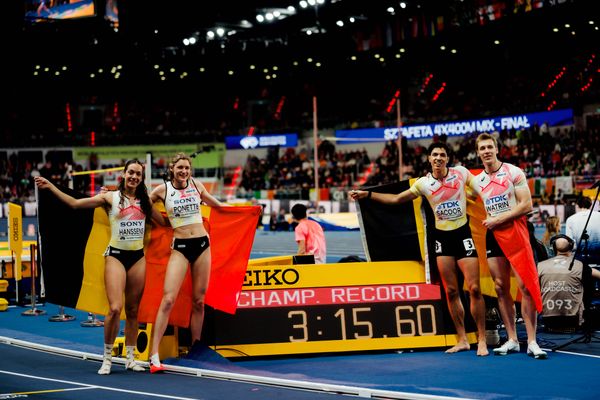 Ilana Hanssens (Belgium), Helena Ponette (Belgium), Jonathan Sacoor (Belgium), Julien Watrin (Belgium) on 21.03.2026 at the World Athletics Indoor Championships 2026 in Torun