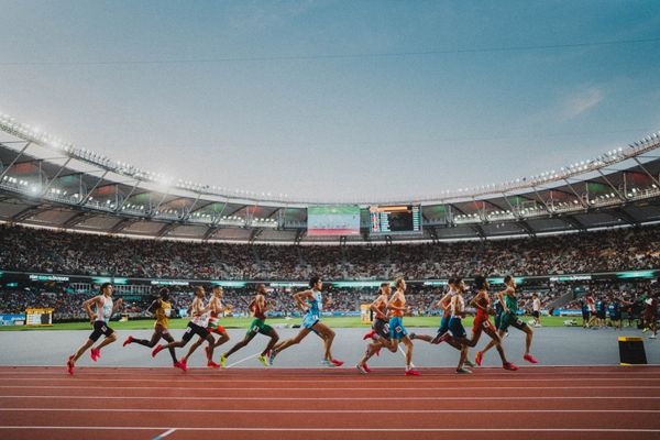 Ismael Debjani (BEL/Belgium), Kieran Lumb (CAN/Canada), Mohamed Katir (ESP/Spain), Azeddine Habz (FRA/France), Abdellatif Sadiki (MAR/Morocco), Stewart Mcsweyn (AUS/Australia), Abu Mayanja (UGA/Uganda), Cole Hocker (USA/United States) Pietro Arese (ITA/Italy), Niels Laros (NED/Netherlands), Elzan Bibić (SRB/Serbia) during day 1 of the World Athletics Championships Budapest 23 at the National Athletics Centre in Budapest, Hungary on August 19, 2023.